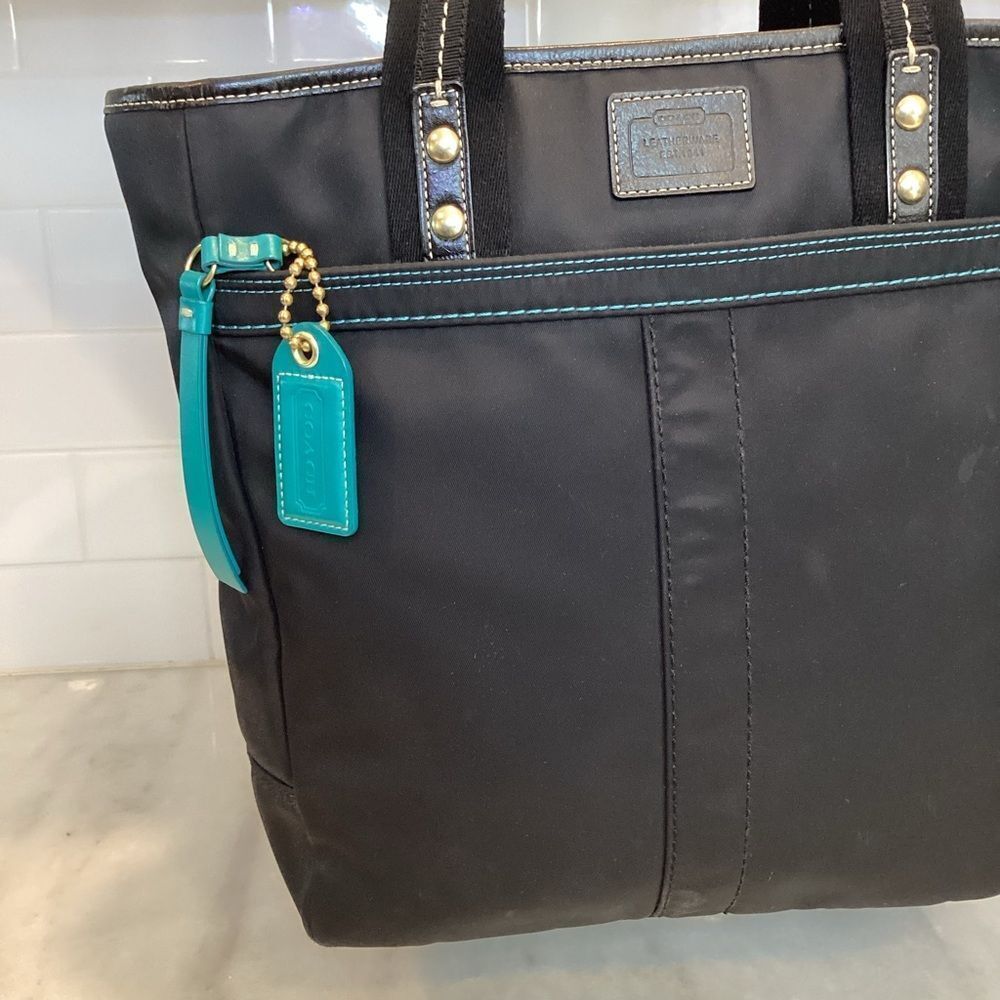 Coach Bag Purse Handbag Black Sateen Hampton Shopper Weekend Tote Pocketbook - Picture 2 of 14